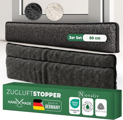 Tochtstopper voor deuren, 80 cm, antraciet, scheerwol  houdt tocht en kou tegen, dempt geluid/stof/licht, antislip, geen boren nodig; voor appartement/voordeur, dicht deurspleet af, set van 3