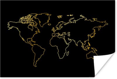 Wanddecoratie - Gouden wereldkaart op een zwarte achtergrond - 90x60 cm - Poster