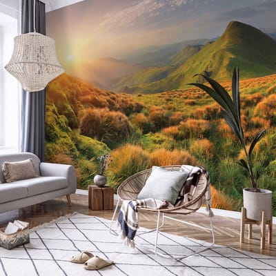 Fotobehang - Bergen - Zon - Landschap - Natuur - Vliesbehang - (368 x 254 cm)
