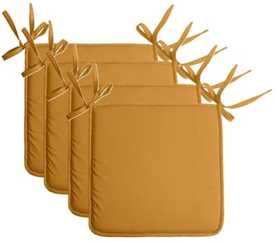 Stof Textile Home stoelkussens - 4x - okergeel - 38 x 38 x 3 cm - voor binnen - touwtjes sluiting - zitkussens plat - vierkant