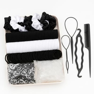 Zwart wit haar accessoires set – 1109 stuks – haarelastiekjes, mini elastiekjes, scrunchies en haar tools – complete elastiekjes set voor dames – neutrale haar styling set