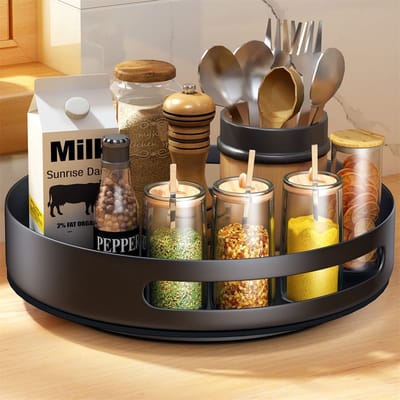 Ynkkvre -Kruidenrek Lazy Susan Draaitafel Kast Organizer Multifunctioneel Roterend - Keukenopslag Draaiende Kruiderijhouder - Antislip Opbergrekken - zwart 1 Pack