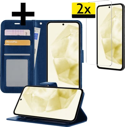 Hoesje - Met 2x Screenprotector - Geschikt voor Samsung Galaxy A35 - Luxe Pasjeshouder - Bookcase Portemonee - Flip Case - Kunstleer Book Case - Flipcase Hoes - Book Cover - Walletcase - Portemonneehoes - Telefoonhoesjes - Donkerblauw