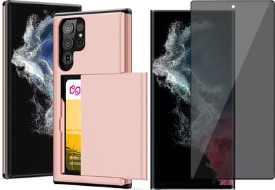 Hoesje met Pasjeshouder geschikt voor Samsung Galaxy S23 Ultra - Privacy Screen Protector FullGuard - Back Cover SlideCase Roségoud & Screenprotector