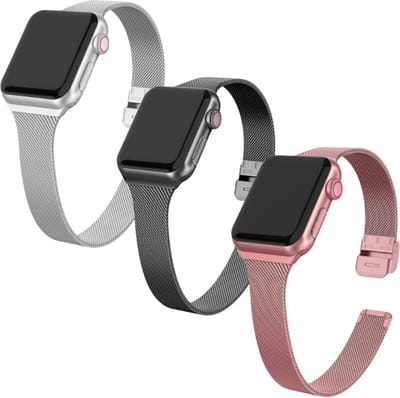By Qubix - Geschikt voor Apple Watch bandje - 3 x Milanese slim fit bandje - Rosé goud + Zilver + Zwart - Geschikt voor Apple Watch 44mm / 45mm / 46mm / 49mm (Ultra 1,2 en 3) - iWatch milanees - smartwatchbandje