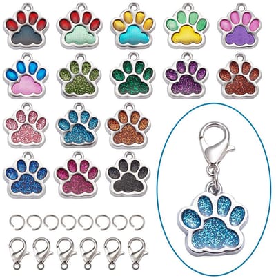 Emaille katten- en hondenpoot afdrukken hangers, 32 stuks, 16 kleuren drijvende metalen bedels met kreeftensluitingen voor sieraden maken