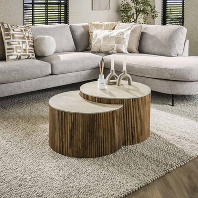 Dimehouse Vento Halfrond Salontafel Set Ø60 Massief Mango Zand - 60 x 60 x 40 cm - Keramiek - Japandi - Rond