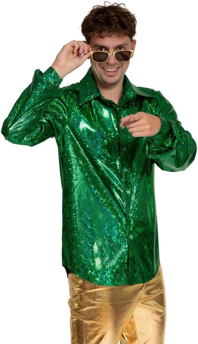 Partychimp Shiny Disco Shirt Green voor Heren Carnavalskleding Foute Party Verkleedkleding Volwassenen Heren Toppers 2026- Disco- Shiny- Polyester - L