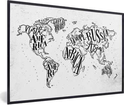 Poster in lijst - Fotolijst 120x80 cm - Posters - Wereldkaart - Wit - Zwart - Posterlijst zwart - Decoratie - Wanddecoratie woonkamer - Muurdecoratie slaapkamer
