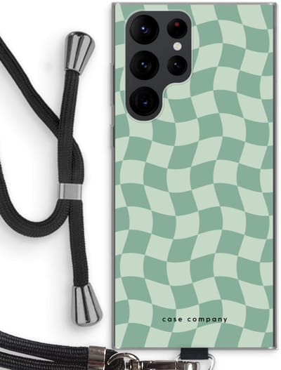 Case Company® - Hoesje met koord geschikt voor Samsung Galaxy S22 Ultra hoesje met Koord - Grid Groen - Telefoonhoesje met Zwart Koord - Bescherming aan alle Kanten en Over de Schermrand
