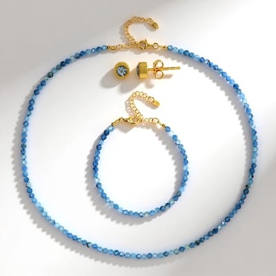 Cavill - Zilveren Sieradenset 925 Sterling Zilver Verguld - Braziliaanse Aquamarijn Rond Geslepen 50,089 ct - Elegante Ketting Armband Oorbellen Set