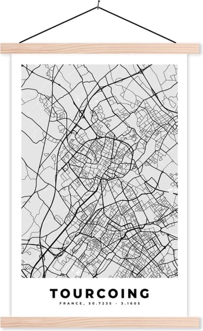 Posterhanger incl. Poster 40x60 cm - Schoolplaat - Plattegrond - Kaart - Stadskaart - Frankrijk - Tourcoing - Textielposter - Blanke latten - Stadskaart