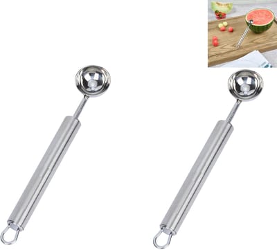 2-stuks Meloenlepel van roestvrij staal - Fruitbolleper - 16,8 x 2,9 cm - Ergonomisch handvat - Vaatwasmachinebestendig - Geschikt voor watermeloen, cantaloupe en gele meloen; ideaal voor zelfgemaakte fruitschalen - Zilver