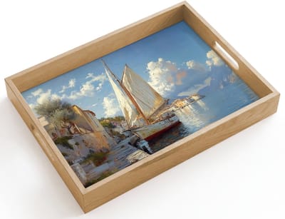Dienblad hout 40x30 cm - Schootdienblad - Zeilschip - Huizen - Kade - Zee - Borrelplank rechthoek - Plateau dienbladen