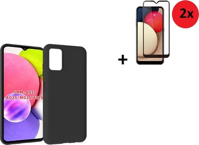 Hoesje Geschikt voor Samsung Galaxy A03s - Siliconen - A03s Full Screenprotector - Hoesje Zwart Case + 2x Full Tempered Glass