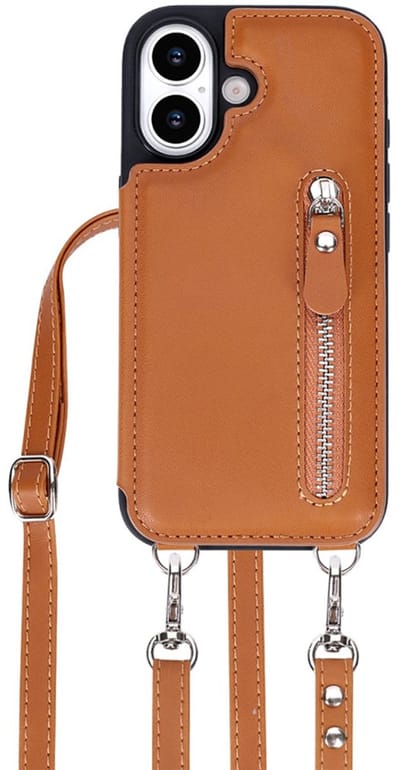 CaseBoutique Backcase hoesje geschikt voor iPhone 17 - Effen Cognac - Kunstleer - Crossbody Hoesje Koord - Pasjeshouder voor 3 passen - Ritsvakje