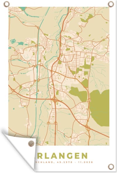 Muurdecoratie Erlangen - Vintage - Stadskaart - Kaart - Plattegrond - 120x180 cm - Tuinposter - Tuindoek