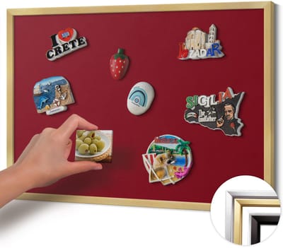 Wallfluent - Bordeauxrood Magneetbord Met Effen Achtergrond - 60 cm x 40 cm - Magneetbord met Gouden Frame - Bourgondische kleur - Magnetisch Bord Foto Bevestiging - Magnetisch Bord Muurbevestiging - Design Magneetbord met Frame