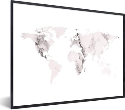 Poster in lijst - Fotolijst 80x60 cm - Posters - Wereldkaart - Marmer - Grijs - Posterlijst zwart - Decoratie - Wanddecoratie woonkamer - Muurdecoratie slaapkamer