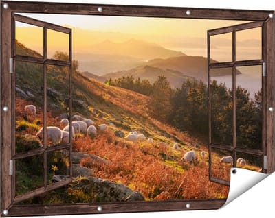 Gards Tuinposter Doorkijk Schapen in de Bergen - 120x80 cm - Tuindoek - Tuindecoratie - Wanddecoratie buiten - Tuinschilderij