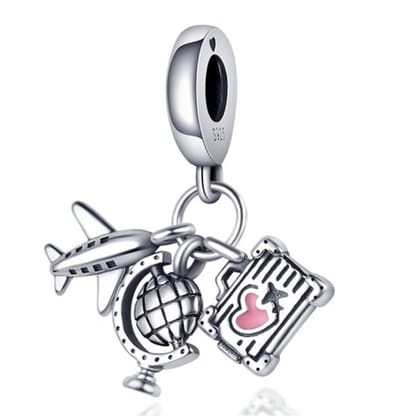 Fler® | 925 Sterling Zilver Bedel | Vliegtuig, Wereldbol & Koffer | Past op populaire bedel armbanden (standaard - 3mm) | armbandbedel | Reizen charm | Bedels | Kerstcadeau | Sinterklaas kado | Valentijnsdag cadeau