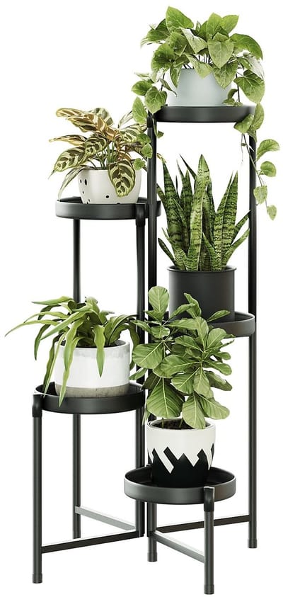 Dailygoods- Bloemenstandaard 5 Etages - Plantenstandaard Binnen/Buiten - Zwaargewicht Metaal - Ruimtebesparend Ontwerp - Elegant Zwart - Weerbestendig - Plantenrek