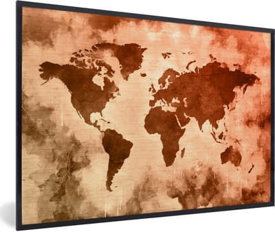 Poster in lijst - Fotolijst 90x60 cm - Posters - Wereldkaart - Rood - Bruin - Posterlijst zwart - Decoratie - Wanddecoratie woonkamer - Muurdecoratie slaapkamer