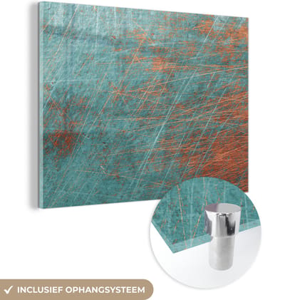 MuchoWow® Glasschilderij 160x120 cm - Schilderij acrylglas - Metaal - Roest - Brons - Blauw - Abstract - Structuur - Foto op glas - Schilderijen