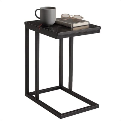 Lomera Zwart Metalen Frame - Zwart Roze Gemarmerd - Mdf Tafelblad - Afgeronde Hoeken - Bijzettafel - Banktafeltje - Dikte - 4 Stelpootjes - Lichtgewicht Tafel - Moderne Stijl - Stijlvolle Tafel - Marmer Look - Trendy Design