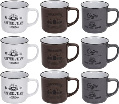Excellent Houseware Koffiemok Cosy - set van 9x - wit / bruin / grijs - 330 ml - mokken - keramiek