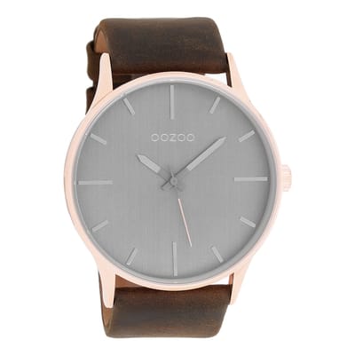 OOZOO Timepieces - Rosé goudkleurige horloge met donker bruine leren band - C9053