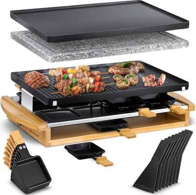 KESSER® Gourmetstel 1200W met natuurlijke Grillplaat - Gourmetset Raclette Set voor 8 personen, Tafelgrill elektrische Grill met 8 pannetjes en houten spatel, antiaanbaklaag Bakplaat - 8 personen