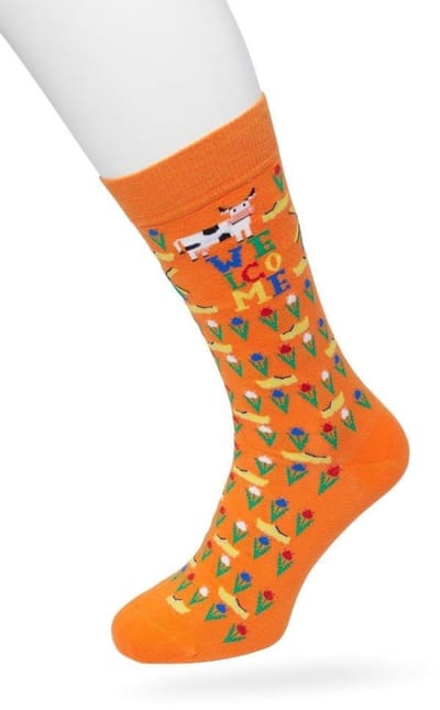 Bonnie Doon Heren Sokken met Klompen Print maat 40/46 Oranje - Thema Sokken - Nederland - Holland - Souvenir - Cadeau Sokken - Word je Happy en vrolijk van - Zacht Katoen met Gladde Teennaad - Perfect Cadeau - Celosia Orange - BT992129.172