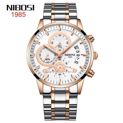 NIBOSI Horloge 2309 - Zilverkleurig-Bronskleurig-Wit – Heren - Quartz - Chronograaf - Stalen Band - Luxe en Modern