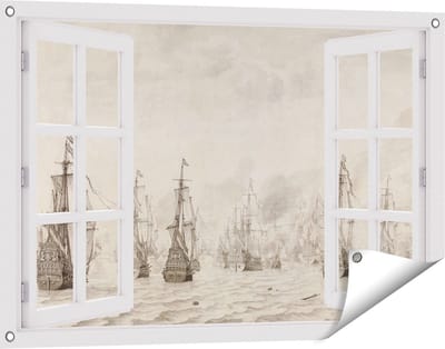 Gards Tuinposter Doorkijk De Zeeslag tegen de Spanjaarden bij Duinkerken - Willem van de Velde - 90x60 cm - Tuindoek - Tuindecoratie - Wanddecoratie buiten - Tuinschilderij
