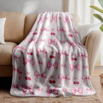 Schattige Kersen Bogen Dekentje, Fluffy Zachte Fleece Plaid voor Kantoor, Slaapkamer en Woonkamer, Perfect als Cadeau voor Reizen en Thuisdecoratie