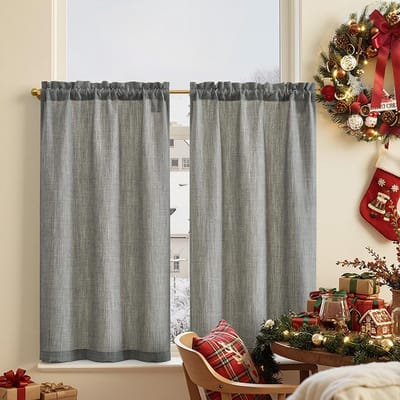 Vitrage Gordijnen - Linnenlook Sjaals - Keuken Decoratie - Set van 2 - 63 x 90 cm - Grijs