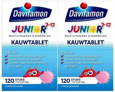 Davitamon Junior 3+ Kauwvitamines Framboos - 2 x 120 kauwtabletten - Voordeelverpakking