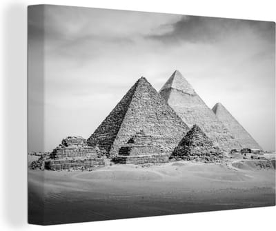Canvas schilderij 140x90 cm - Wanddecoratie Het grote Piramidecomplex van Giza in Egypte - zwart wit - Muurdecoratie woonkamer - Slaapkamer decoratie - Kamer accessoires - Schilderijen