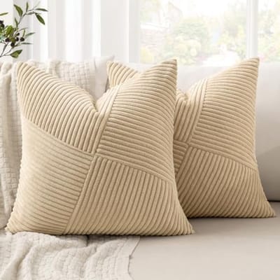PromoHome Kussensloop 50 x 50 cm, corduroy fluweel, set van 2 kussenslopen, sierkussensloop, bankkussen, sierkussen, strepenpatroon, patchwork, design voor woonkamer "Beige"