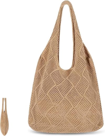 Vrouwelijke Strandtas - Grote Shopper Tas voor Vakantie, Reizen en Winkelen - Gehaakte Mesh Strandtas in Bruin