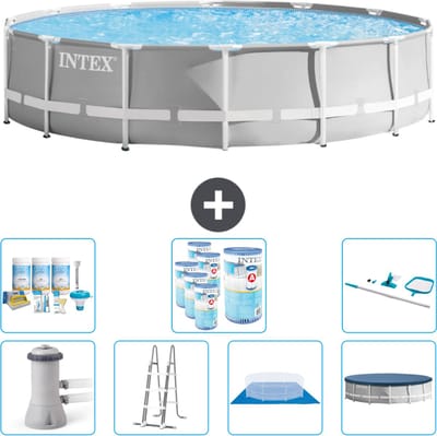 Intex Rond Prism Frame Zwembad - 427 x 107 cm - Grijs - Inclusief Pomp - Ladder - Grondzeil - Afdekzeil Onderhoudspakket - Filters - Schoonmaakset