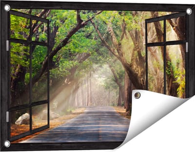 Gards Tuinposter Doorkijk Weg Omringd met Bomen - 60x40 cm - Tuindoek - Tuindecoratie - Wanddecoratie buiten - Tuinschilderij
