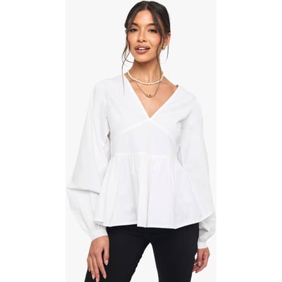 boohoo Dames Katoenen poplin smocktop met blousonmouwen | White | Maat: 6