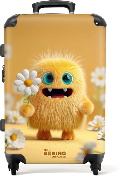 NoBoringSuitcases.com - Grote koffer - Vrolijk pluizig monstertje met bloem - Kinderkoffer geschikt voor jongen en meisjes - Reiskoffer met 4 wielen - Trolley op wieltjes - Rolkoffer groot kinderen - 72 liter - Ruimbagage valies 20kg