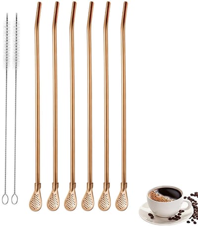 6-stuks 18.5cm Lepel en rietje van roestvrij staal - Lepel met lange steel en rietje - Herbruikbaar - Met filter - Met 2 reinigingsborstels - Geschikt voor milkshakes, cocktails, koffie, thee en andere dranken - Roségoud