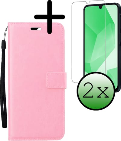 Hoesje Met 2x Screenprotector - Geschikt voor Samsung Galaxy A16 - Luxe Pasjeshouder - Bookcase Portemonee - Flip Case - Kunstleer Book Case - Flipcase Hoes - Book Cover - Walletcase - Portemonneehoes - Lichtroze