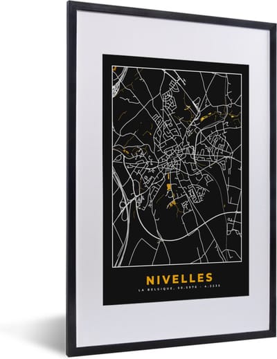 Fotolijst incl. Poster - Goud - Stadskaart - Plattegrond - Nivelles - Kaart - 40x60 cm - Posterlijst