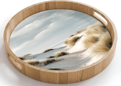 Dienblad rond 40x40 cm - Schootdienblad hout - Duinen - Gras - Sporen - Wolken - Borrelplank rechthoek - Plateau houten dienbladen