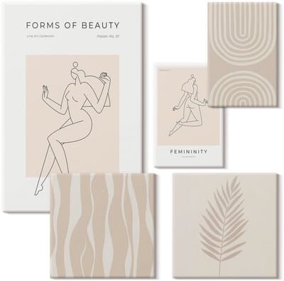 Wallfluent Set van canvas schilderijen - Vormen van schoonheid, minimalistische motieven en decoratieve lijnen Canvas Schilderijen Set - Set van 5 Canvas Schilderijen - Beige Set van Canvas Prints - Abstractie Canvas Kunst Set